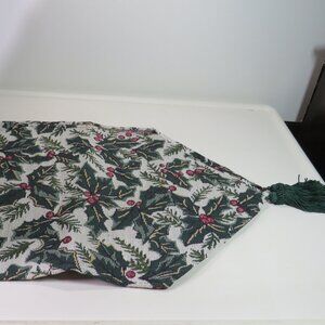 Green Holly Tapestry Table Runner with Tassels 68" long 12" wide Warm Colors